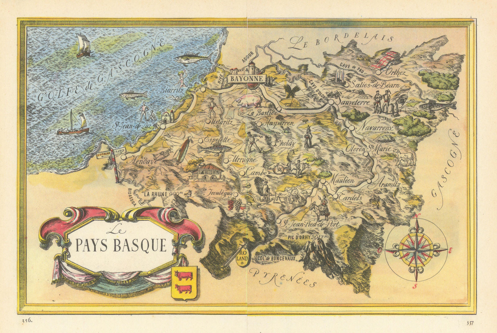 Le Pays Basque region pictorial map by Laszlo Fircsa. Pyrénées-Atlantiques 1948